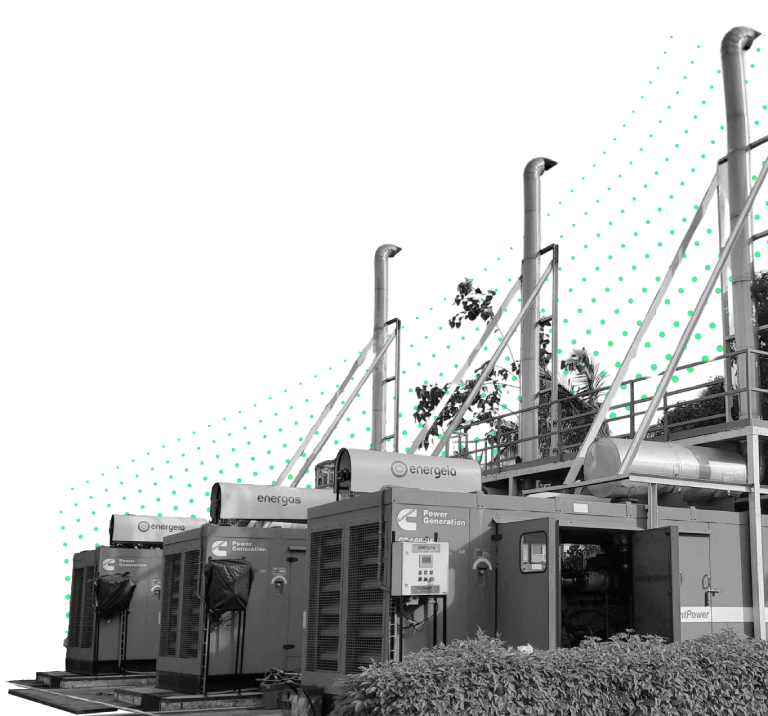 Black and white image of multiple industrial power generators labeled 'Energeia'.