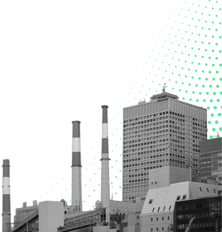 Black and white industrial cityscape with factory chimneys and green digital overlay representing energy optimization.