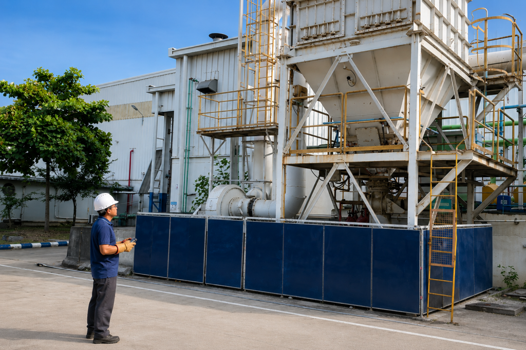 Automotive industry engineer conducting compressed air system analysis and industrial compressor energy audit at a manufacturing facility.
