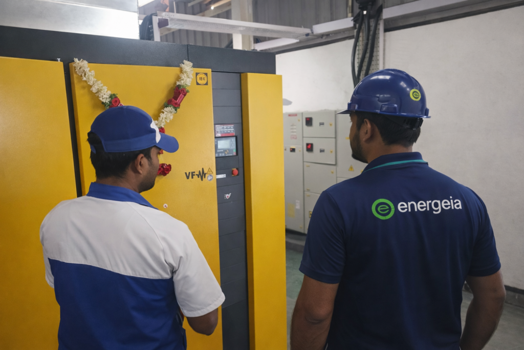 Compressed air system audit by industrial engineers at a manufacturing facility for compressor efficiency optimization and energy savings.