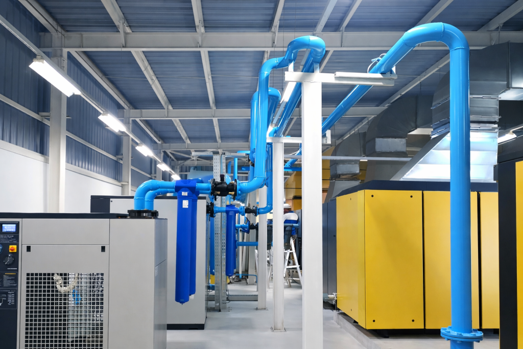 Energy-efficient compressed air system with industrial compressors, air dryers, and utility pipelines in a manufacturing plant.