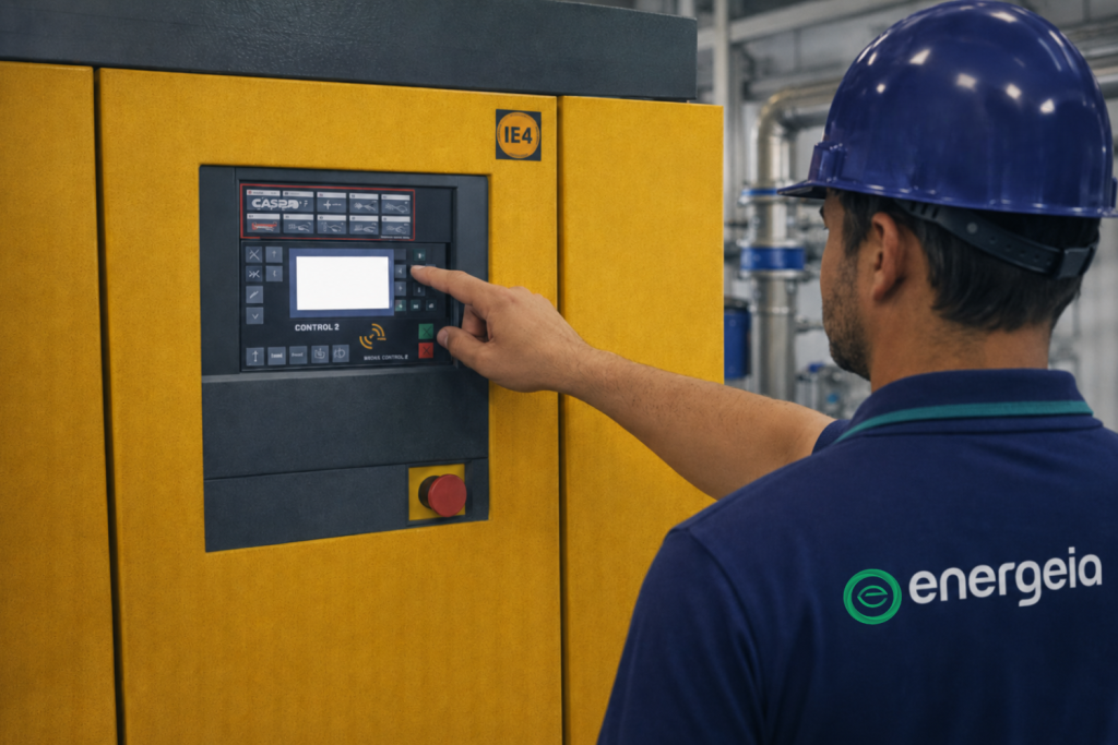 Industrial compressor control panel inspection and compressed air system monitoring for energy-efficient manufacturing operations.