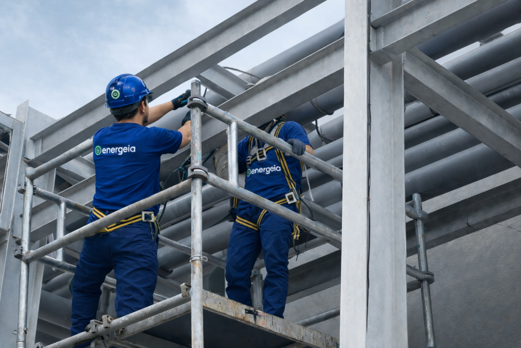Industrial maintenance engineers analyzing factory utility pipelines and process infrastructure for energy optimization and operational efficiency.
